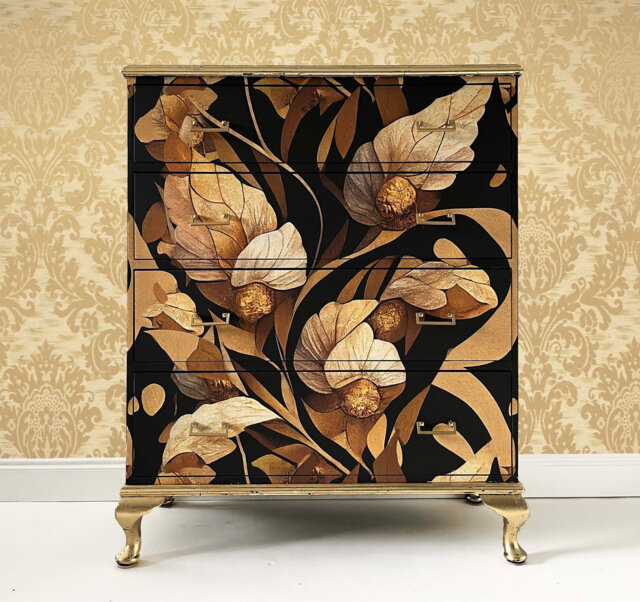 Handmade Antique Chest Of Drawers Gold Leaf Floral Painted Vintage Furniture - image 1