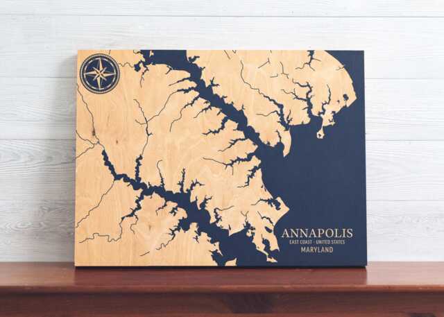 Annapolis, Maryland Map - Engraved Wood Coastal Chart Wall Art Sign, Beach House Home Decor Nautical Print, Unique Personalized Family Gift - image 1