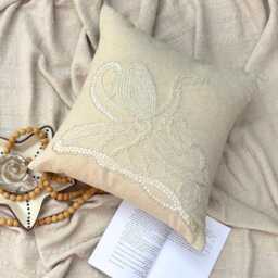 Beige Cotton & Linen Mother Of Pearl Sea Creature Pattern, Beach Style Throw Pillow Cover - Octopus - thumbnail 3