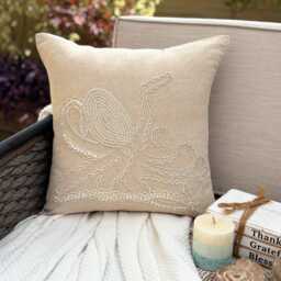 Beige Cotton & Linen Mother Of Pearl Sea Creature Pattern, Beach Style Throw Pillow Cover - Octopus - thumbnail 2