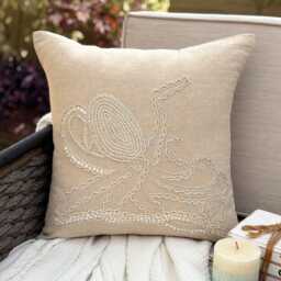Beige Cotton & Linen Mother Of Pearl Sea Creature Pattern, Beach Style Throw Pillow Cover - Octopus - thumbnail 1