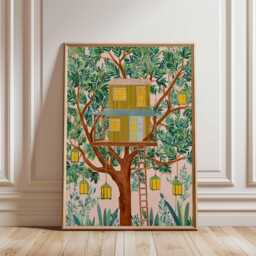 Tree House Poster, Forest Wall Art Print, Adventure Decor, Kids Room Gift, Nature Print - thumbnail 1