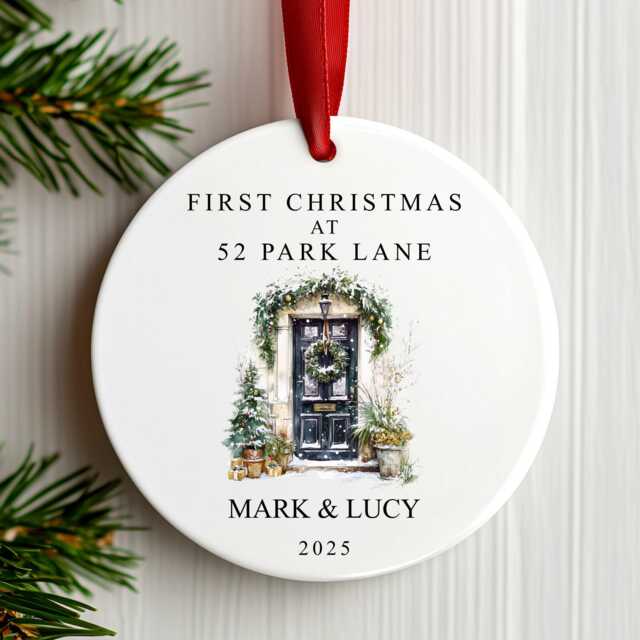 First Christmas At Your New Home Decoration - Personalised Names & Address Ornament Black Door Ceramic Bauble Housewarming Gift - image 1