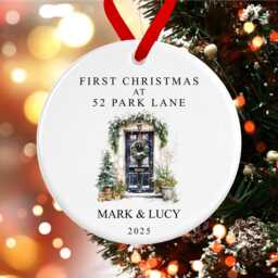 First Christmas At Your New Home Decoration - Personalised Names & Address Ornament Black Door Ceramic Bauble Housewarming Gift - thumbnail 2