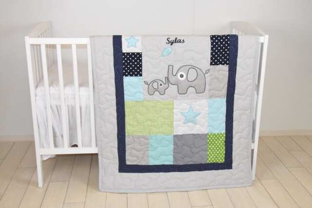 Elephant Quilt, Sports Baby Boy Blanket, Football Crib Bedding, Mint Navy Gray White - image 1