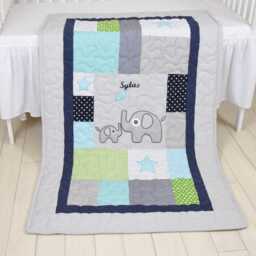 Elephant Quilt, Sports Baby Boy Blanket, Football Crib Bedding, Mint Navy Gray White - thumbnail 2