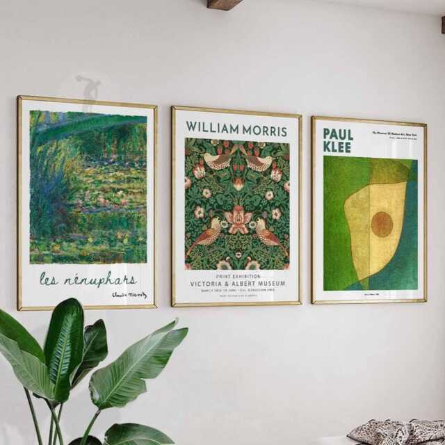 Green Art Poster Set Of 3 - Monet Water Lilies, William Morris Strawberry Thief Floral Print, Paul Klee Abstract Wall Art, Nature Gift - image 1