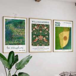 Green Art Poster Set Of 3 - Monet Water Lilies, William Morris Strawberry Thief Floral Print, Paul Klee Abstract Wall Art, Nature Gift - thumbnail 1