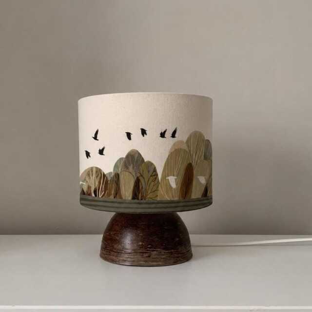 Handmade Woodland Table Lamp With Crow & Field Lampshade - Rustic Nature Scottish Landscape Inspired Lighting