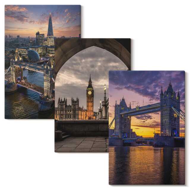 Canvas Wall Art Set Of 3 - Views The City With Bridges & Clock Towers, Purple Art, Travels Hanging Piece - image 1
