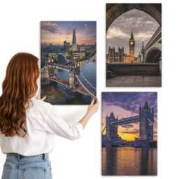 Canvas Wall Art Set Of 3 - Views The City With Bridges & Clock Towers, Purple Art, Travels Hanging Piece - thumbnail 2