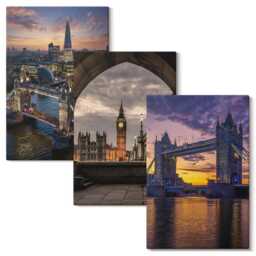 Canvas Wall Art Set Of 3 - Views The City With Bridges & Clock Towers, Purple Art, Travels Hanging Piece