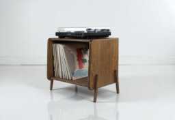 Oak Veneer Record Player Stand - Mid Century Vinyl Storage Cabinet - thumbnail 1