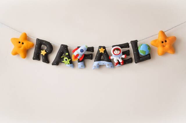 Nursery Boy Decor, Outer Space Name Banner, Astronaut Baby Crib Sign, Personalized Gift, Shower Wall Art - image 1