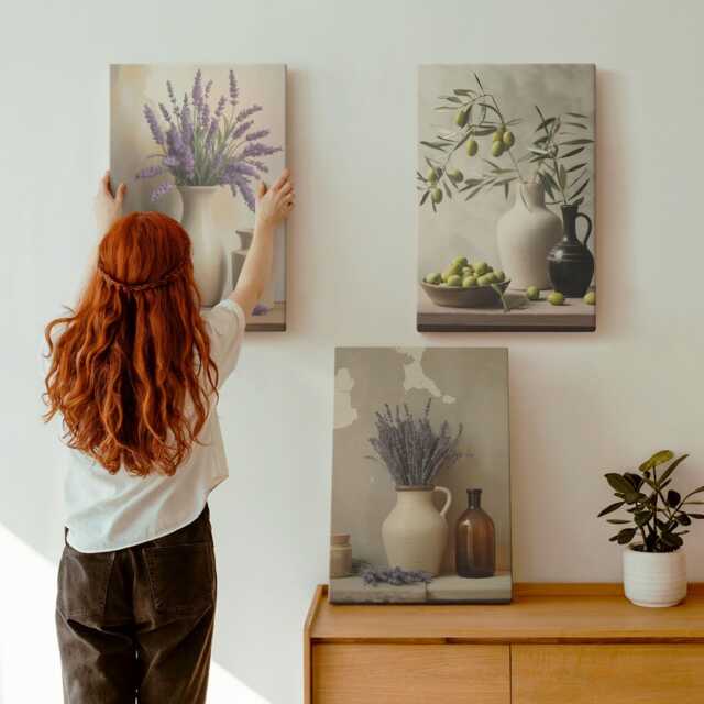 Canvas Art Set Of 3 - Flowers in Vases, Olives & Natural Decorations, Beige Wall Art, Plants Hanging Piece - image 1