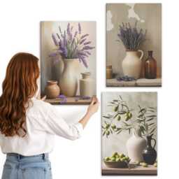 Canvas Art Set Of 3 - Flowers in Vases, Olives & Natural Decorations, Beige Wall Art, Plants Hanging Piece - thumbnail 3