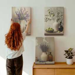 Canvas Art Set Of 3 - Flowers in Vases, Olives & Natural Decorations, Beige Wall Art, Plants Hanging Piece