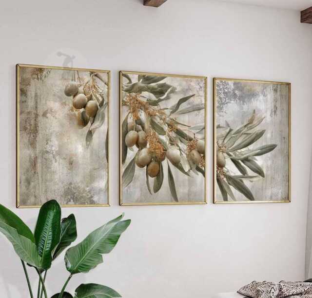 Set Of 3 Olive Branch Prints, Rustic Botanical Wall Art, Mediterranean Kitchen Posters, Vintage Style Home Decor - image 1