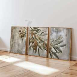 Set Of 3 Olive Branch Prints, Rustic Botanical Wall Art, Mediterranean Kitchen Posters, Vintage Style Home Decor - thumbnail 3