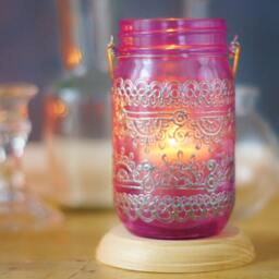 Boho Decor Mason Jar Lantern, Moroccan Inspired Magenta Glass With Silver Detailing