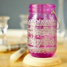 Boho Decor Mason Jar Lantern, Moroccan Inspired Magenta Glass With Silver Detailing - thumbnail 2