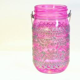 Boho Decor Mason Jar Lantern, Moroccan Inspired Magenta Glass With Silver Detailing - thumbnail 3