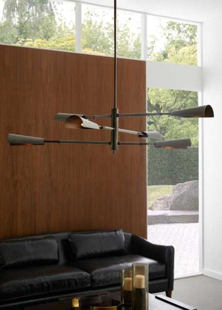 1950S Mid-Century Modern 6-Arm Brass Chandelier - Estevan Collection, English Bronze & Graphite Finish, Retro Ceiling Fixture - image 1