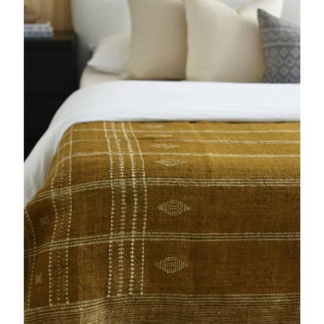 Handwoven Mustard Wool Coverlet Bohemian Throw Blanket - image 1