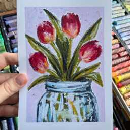 Oil Pastel Tulip Bouquet in A Jar Art Print - Floral & Home Wall Witchmxm Viral Tiktok Drawing 5x7 - thumbnail 2