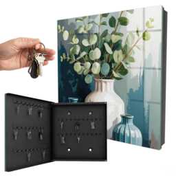 Vases & Leaves Wall Mounted Key Cabinet, Green Box For Home, Illustrative Flowers Plants, Lovers Of Nature Design