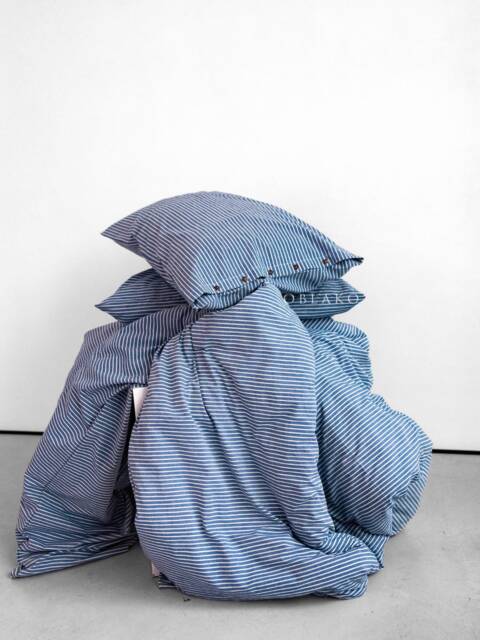 Blue Striped Duvet Cover - Washed Cotton Bedding Set Breathable Denim Stripe Bed Sheets - image 1
