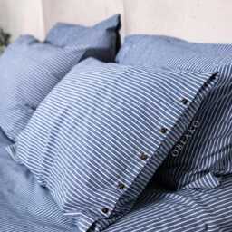 Blue Striped Duvet Cover - Washed Cotton Bedding Set Breathable Denim Stripe Bed Sheets - thumbnail 3