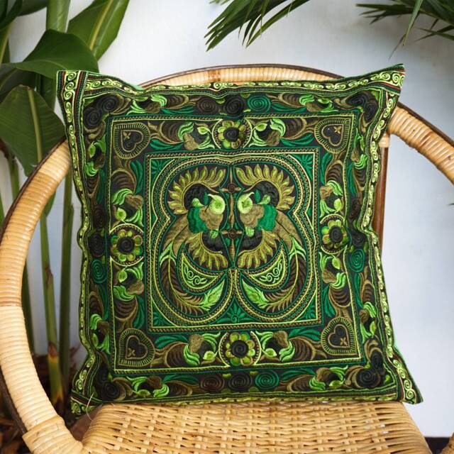 16x16 Handcrafted Hmong Embroidered Pillow Cover, Green Bird Design - Cs101Greb - image 1