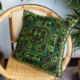 16x16 Handcrafted Hmong Embroidered Pillow Cover, Green Bird Design - Cs101Greb - thumbnail 2