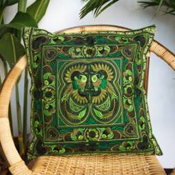 16x16 Handcrafted Hmong Embroidered Pillow Cover, Green Bird Design - Cs101Greb - thumbnail 1