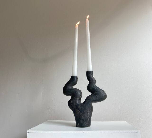 Hand-Built Stoneware Ceramic Candle Holder - Organic Black Matte Glaze Form - image 1