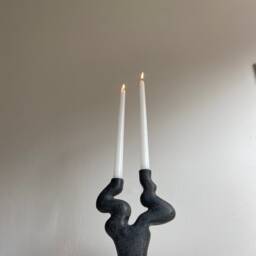 Hand-Built Stoneware Ceramic Candle Holder - Organic Black Matte Glaze Form - thumbnail 2