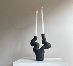 Hand-Built Stoneware Ceramic Candle Holder - Organic Black Matte Glaze Form