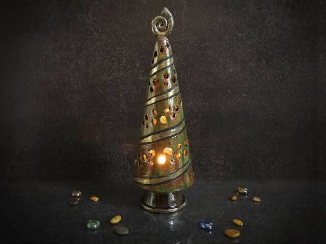 Ceramic Christmas Tree Candle Holder, Raku Pottery Decoration, Tealight With Light, Tree, Cute Gift - image 1
