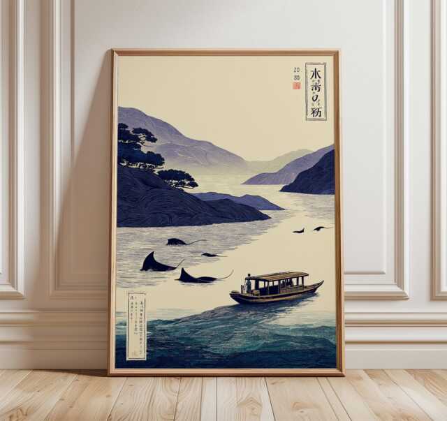 Japanese Boat Wall Art, Minimalist Landscape Print, Tranquil River Poster, Asian Inspired Artwork, Calm Blue Decor, Zen Home Style - image 1