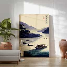 Japanese Boat Wall Art, Minimalist Landscape Print, Tranquil River Poster, Asian Inspired Artwork, Calm Blue Decor, Zen Home Style - thumbnail 3