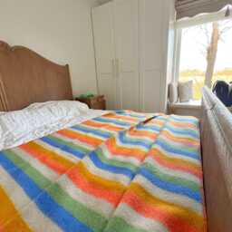 Coastal Stripe Wool Blanket - Chunky Reversible Throw Mustard, Coral, Blue, Sage Stripes - thumbnail 2