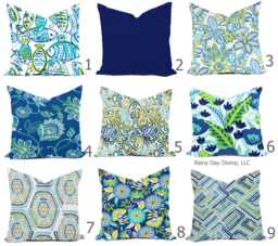 Outdoor Pillows Or Indoor Pillow Covers Custom 18x18, 20x20 All Sizes - Bright Green, Lime Royal Blue, Aqua Turquoise With White - thumbnail 1