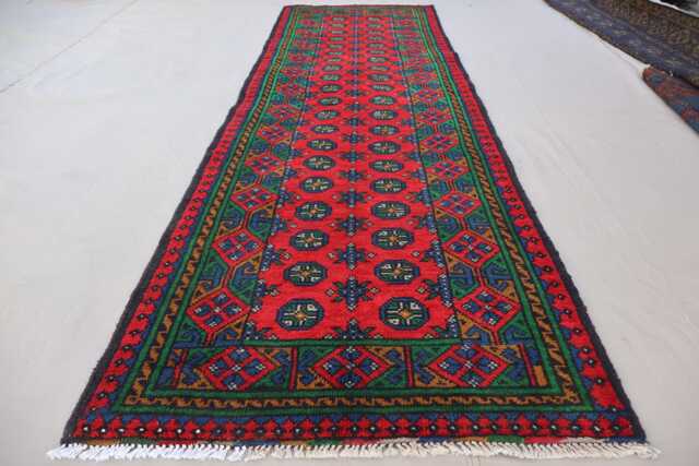 Afghan Bukhara Runner Rug, 2'7x9'6 Ft Multicolor Natural Veg Dyes Wool Plush Hand Knotted Turkmen Oriental Hallway - image 1