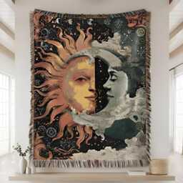 Custom Celestial Sun Moon Woven Blanket, Dark Academia Zodiac Witchy Blanket - thumbnail 1