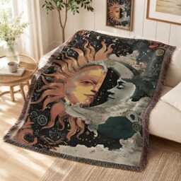 Custom Celestial Sun Moon Woven Blanket, Dark Academia Zodiac Witchy Blanket - thumbnail 2