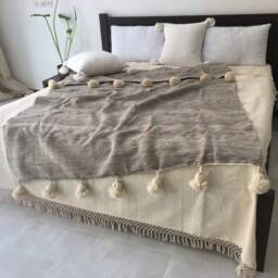 Handwoven Moroccan Wool Pom Blanket, Berber Decor - thumbnail 2