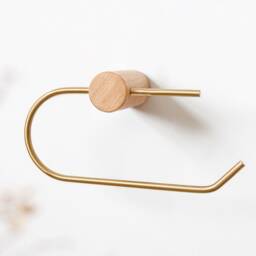 Loft Toilet Paper Holder With Shelf - Adhesive & Screw Wall Mount Roll Minimalist Wooden Bathroom Tissue Brass Modern