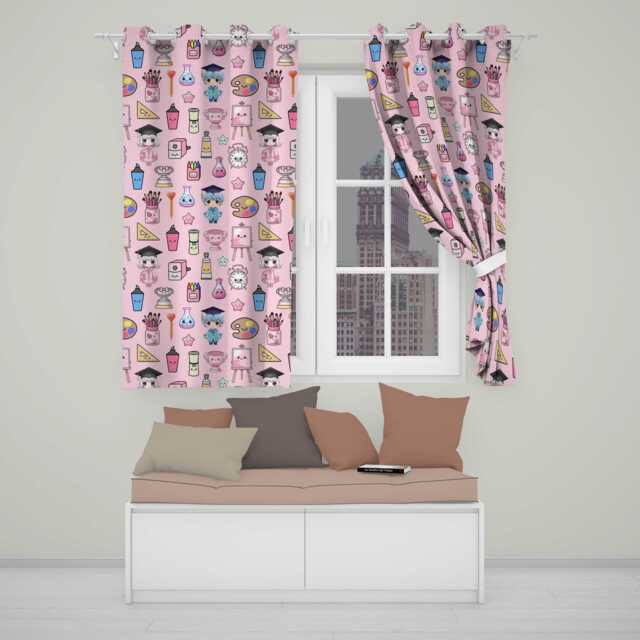 Cute Kawaii Graduation Student Art Supplies Pink Seamless Pattern Readymade Eyelet Ring Top Thermal 100% Blackout Curtains - image 1