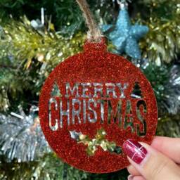 Wooden Merry Christmas Holly Bauble Tree Decoration - Xmas Ornament in Oak, Walnut Cherry Wood -Or- Silver, Gold, Red, Green Glitter - thumbnail 4